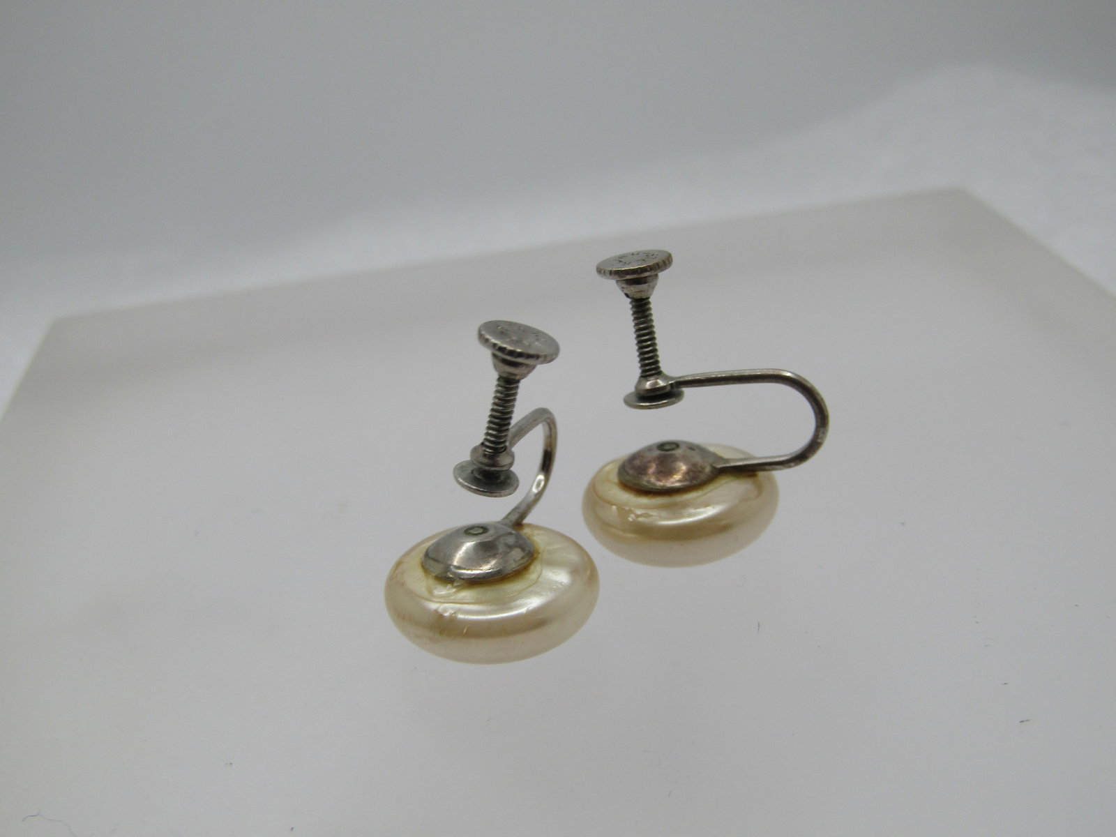 Vintage Sterling Faux Pearl Earrings, Screwback, 5/8", 1950's - 4