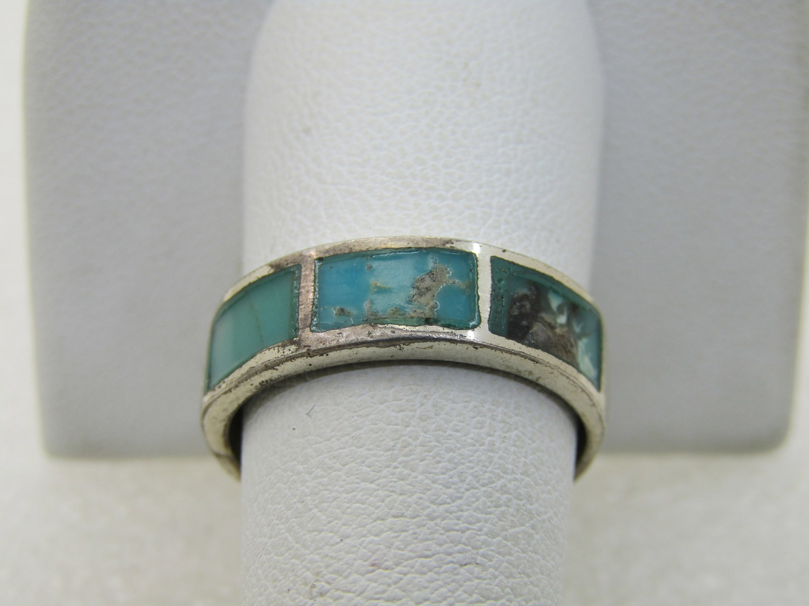 Sterling Southwestern Inlaid Turquoise Colored Ring, Sz. 9, 6mm - 2