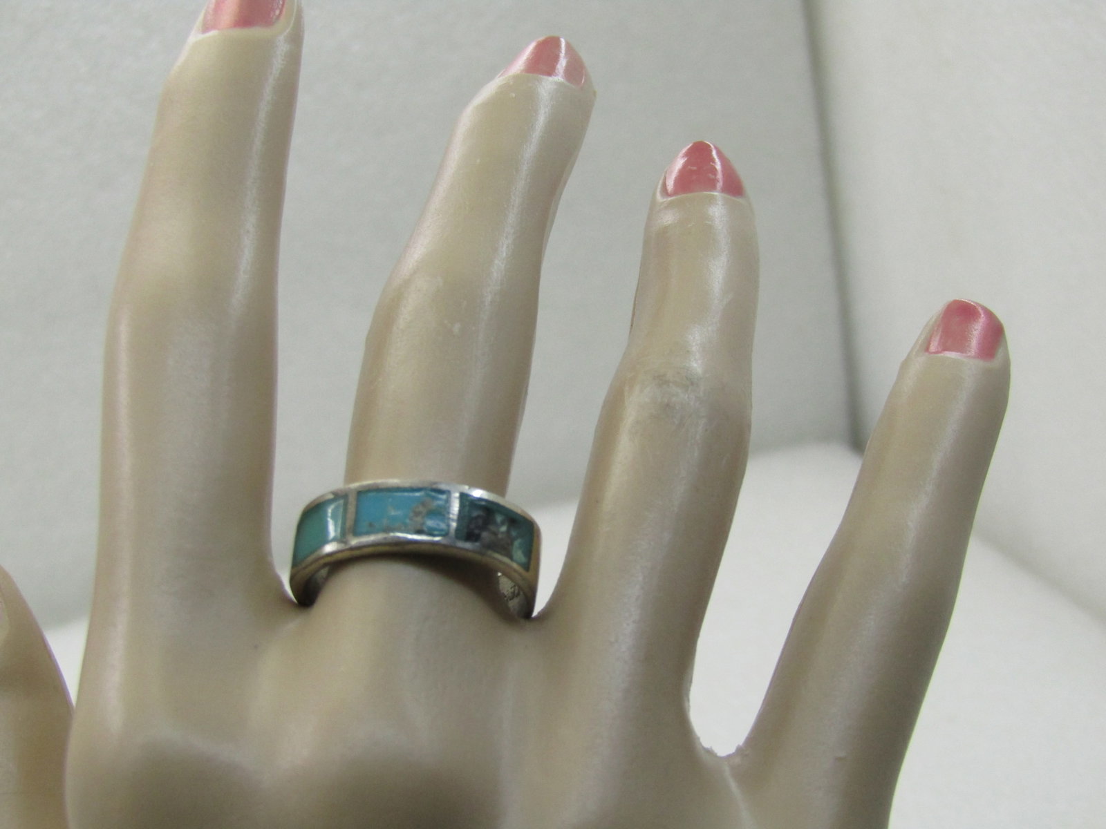 Sterling Southwestern Inlaid Turquoise Colored Ring, Sz. 9, 6mm - 5