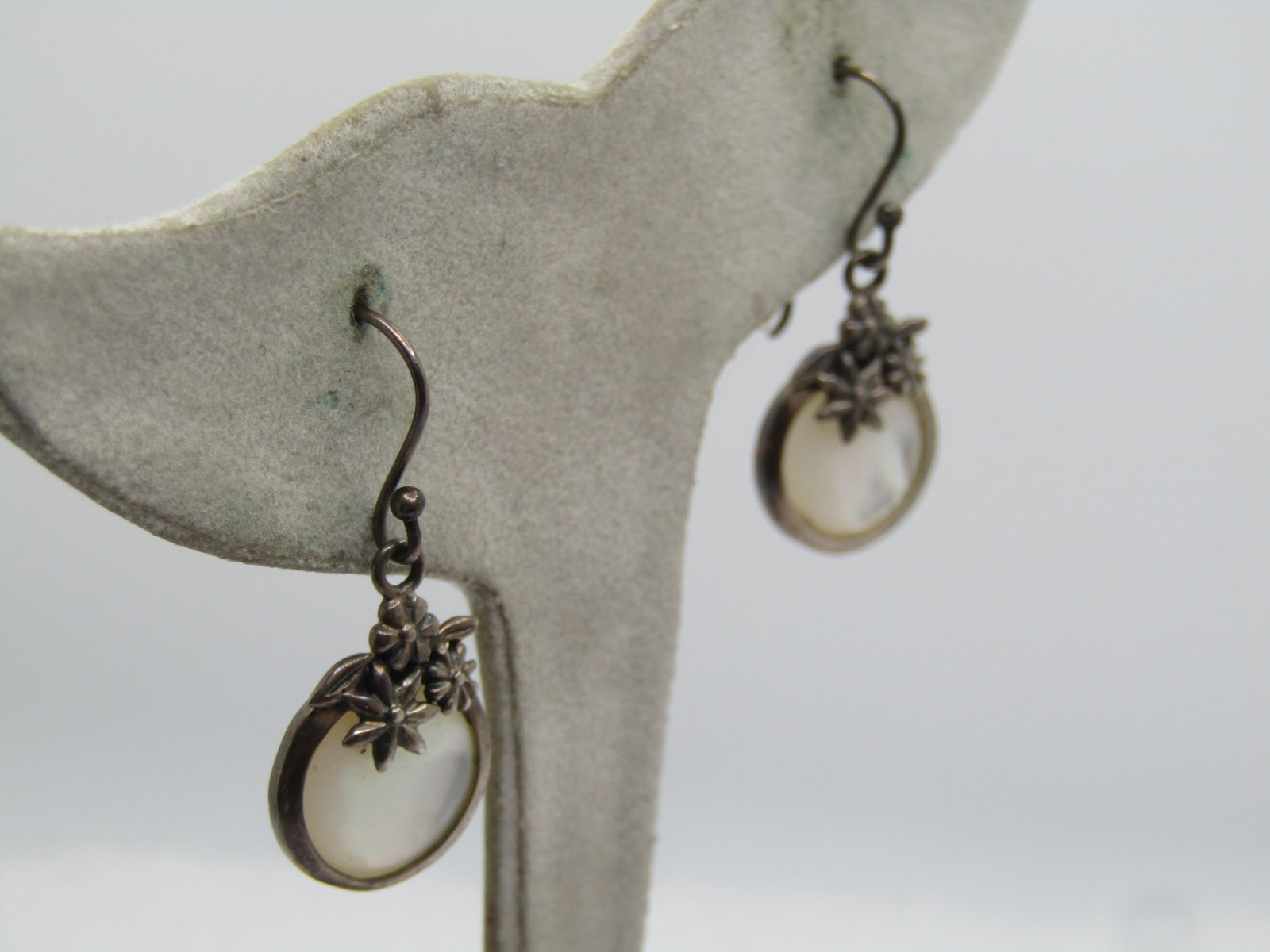 Vintage Sterling Floral Mother-of-Pearl Earrings, Pierced Dangle, 1980's, Signed - 3