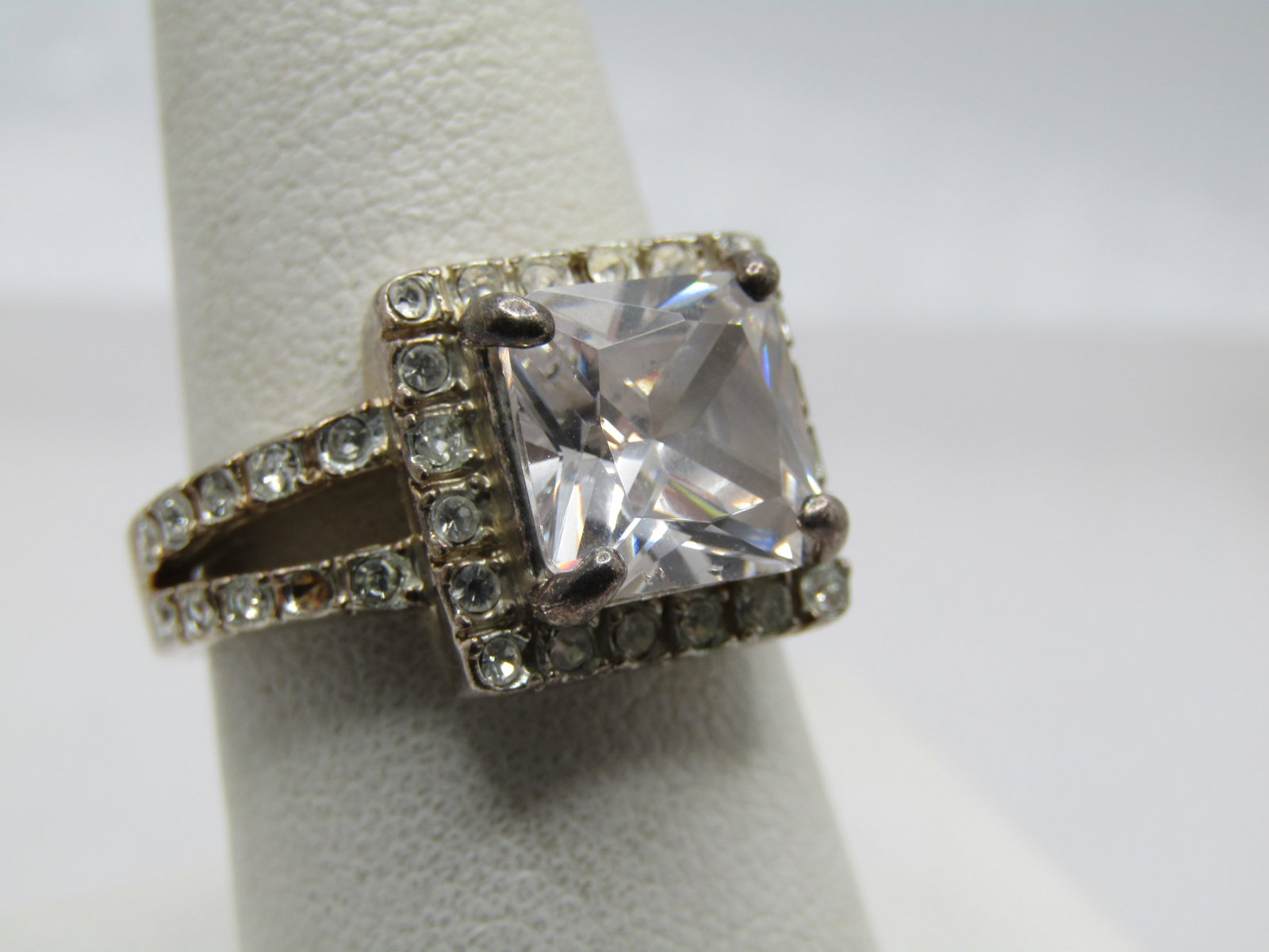 Vintage Sterling Halo Ring, Clear Crystal, Sz. 8.5, 1980's-1990's - 2