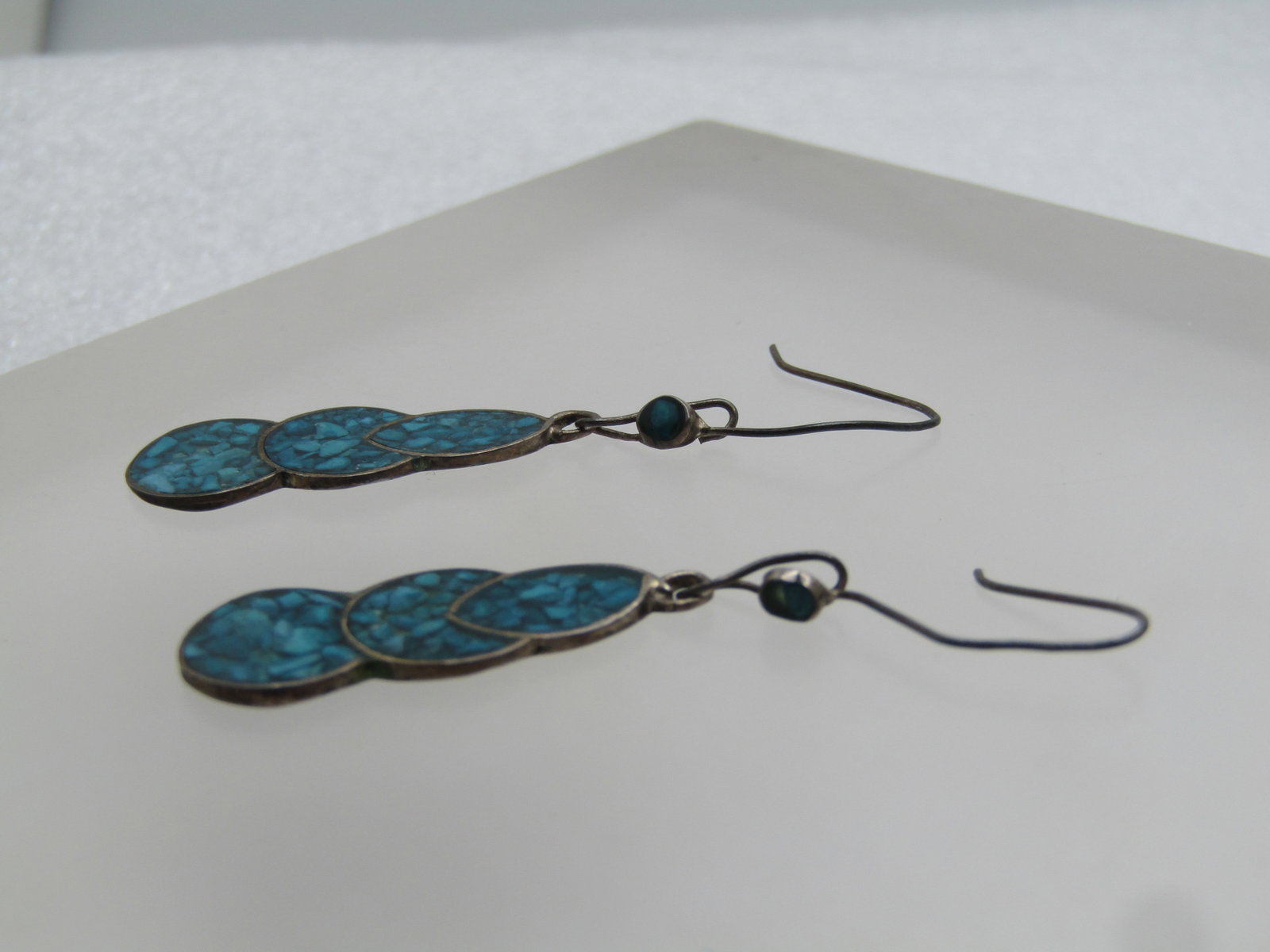Vintage Sterling Inlaid Turquoise Chip Earrings, Pierced, Southwestern, 1960's-1970's - 2