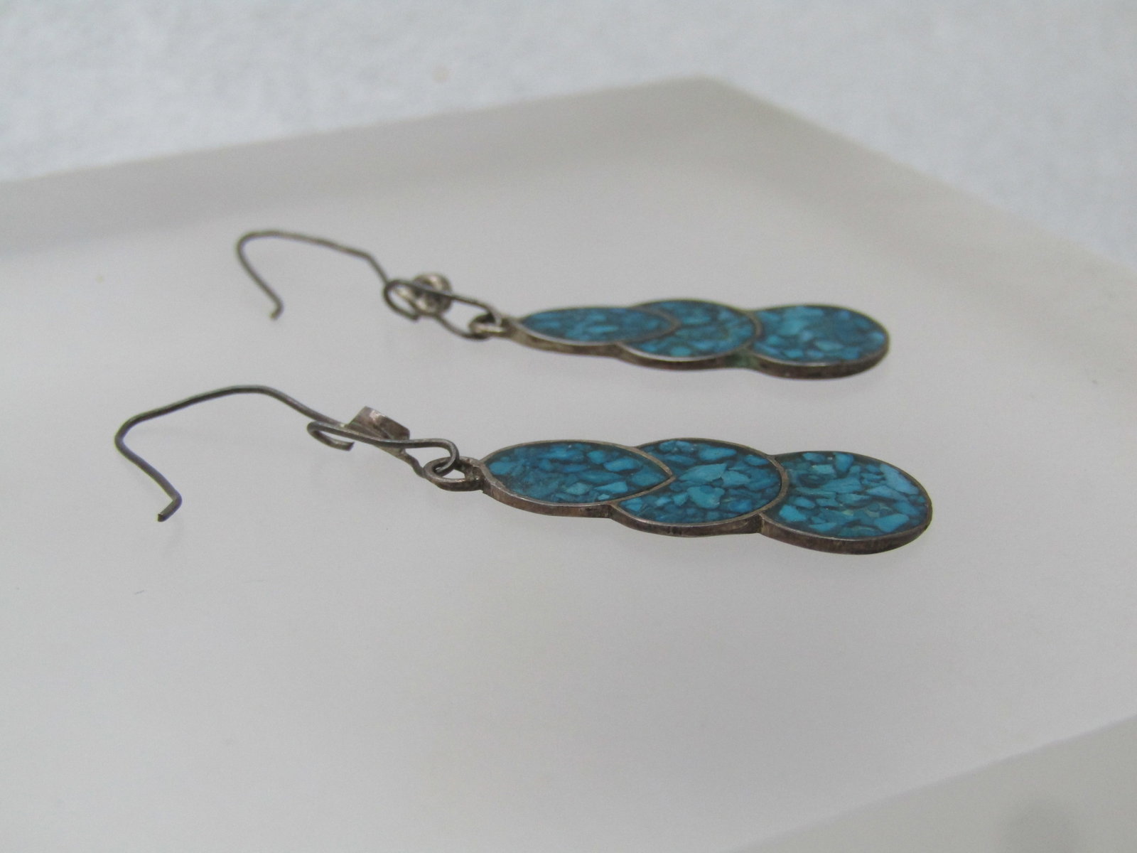 Vintage Sterling Inlaid Turquoise Chip Earrings, Pierced, Southwestern, 1960's-1970's - 3
