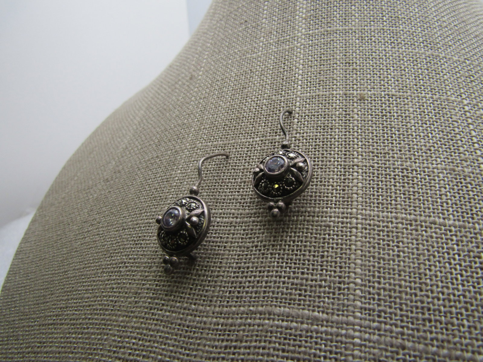 Vintage Sterling Marcasite Clear Stone Earrings, Signed Marsala, 1980's-1990's - 2