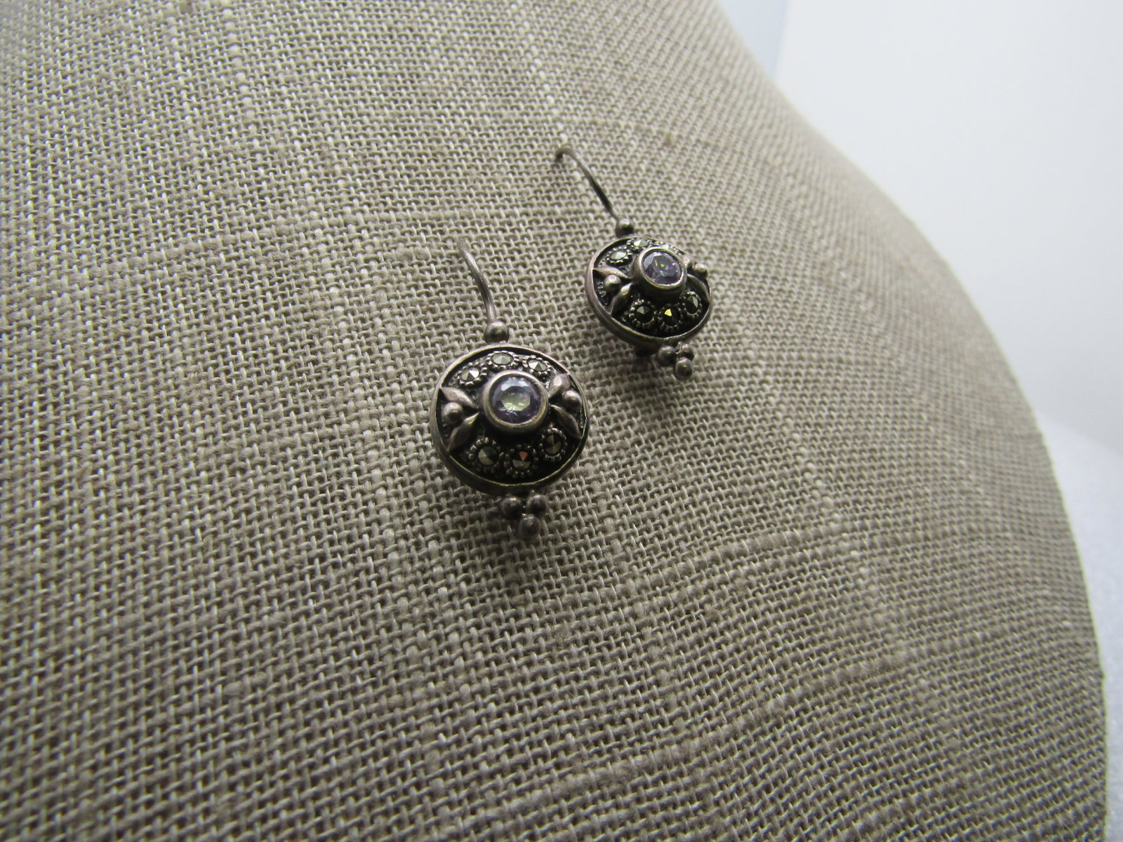 Vintage Sterling Marcasite Clear Stone Earrings, Signed Marsala, 1980's-1990's - 3