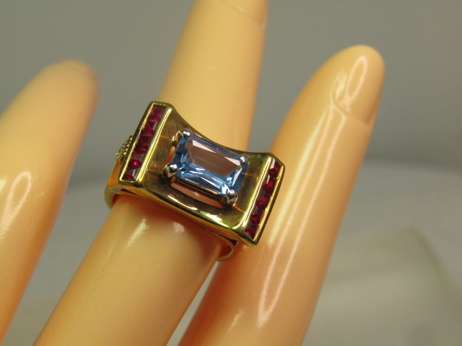 Vintage Sterling Vermeil Ruby/Sapphire Ring, Farrah Fawcett Signed, 1990's, Sz. 6.75. Statement - 6