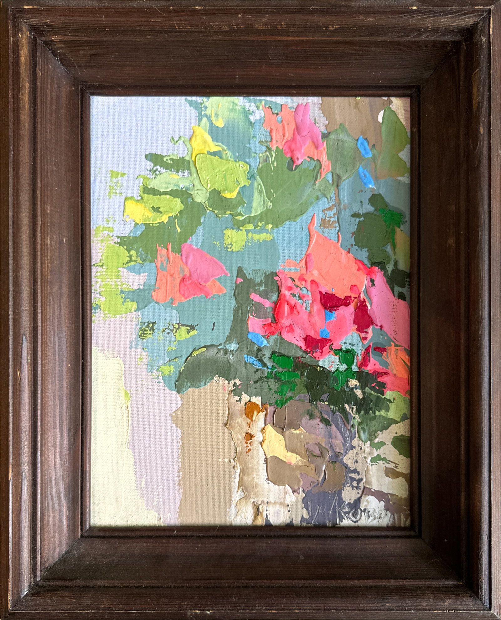 Abstract Oil painting with frame Flowers K. Leonid: Title: Abstract Oil painting with frame Flowers K. Leonid Description: 23KK Painter: K. Leonid S?ze: 32.5x24.5 cm/ 12.79x9.64 inches Components: oil, acrylic, canvas, fiberboard Original painting COND