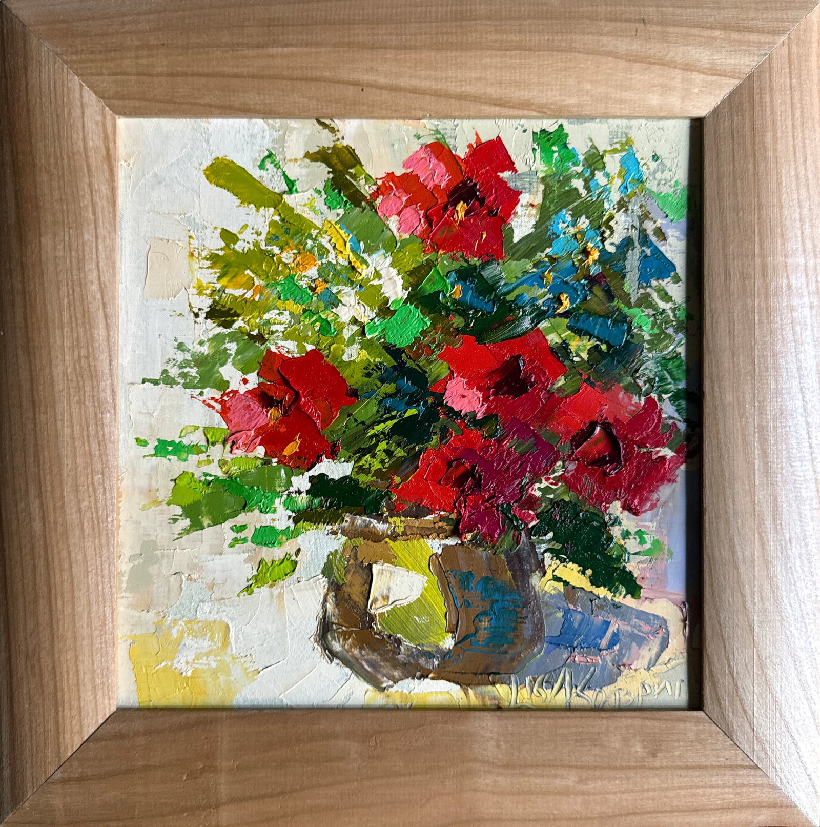 Oil painting with frame Red Flowers K. Leonid: Title: Oil painting with frame Red Flowers K. Leonid Description: 337KK Painter: K. Leonid S?ze: 25x25 cm/ 9.84x9.84 inches Components: oil, canvas, fiberboard Original painting CONDITION: exellent ER