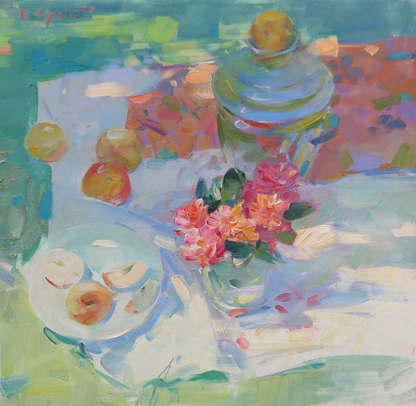 Oil painting gentle sun Serg Kovalenko: Title: Oil painting gentle sun Serg Kovalenko Description: 104SK Painter: Serg Kovalenko S?ze: 50x50 cm/19.7x19.7 inches Components: oil, canvas Original painting CONDITION: exellent ERA: modern Gradu