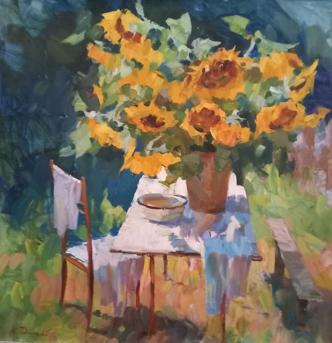 Oil painting Sunny sunflowers Alex Ditriev: Title: Oil painting Sunny sunflowers Alex Ditriev Description: 535AD Painter: Alex Ditriev S?ze:80x80 cm/ 31.49x31.49 inches Components: oil, canvas Original painting from our collection ERA: Short in