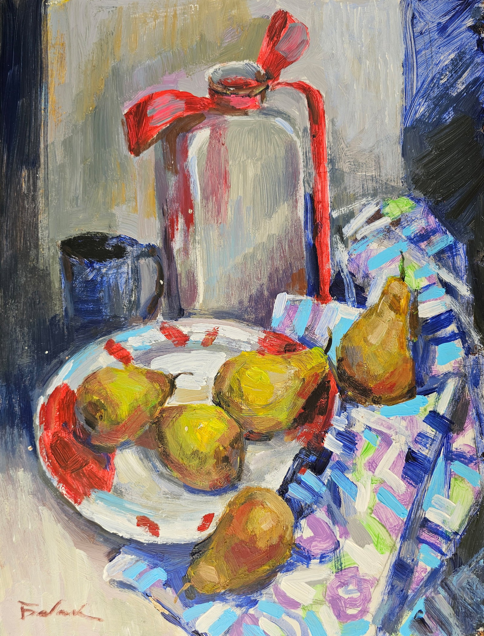 Acrylic painting still life with pears Vyacheslav Petrovich Babac: Title: Acrylic painting still life with pears Vyacheslav Petrovich Babac Description: 418BA Painter: Vyacheslav Petrovick Babac S?ze: 43x32 cm/ 16.92x12.59 inches Components: Acrylic, cardboard Origin