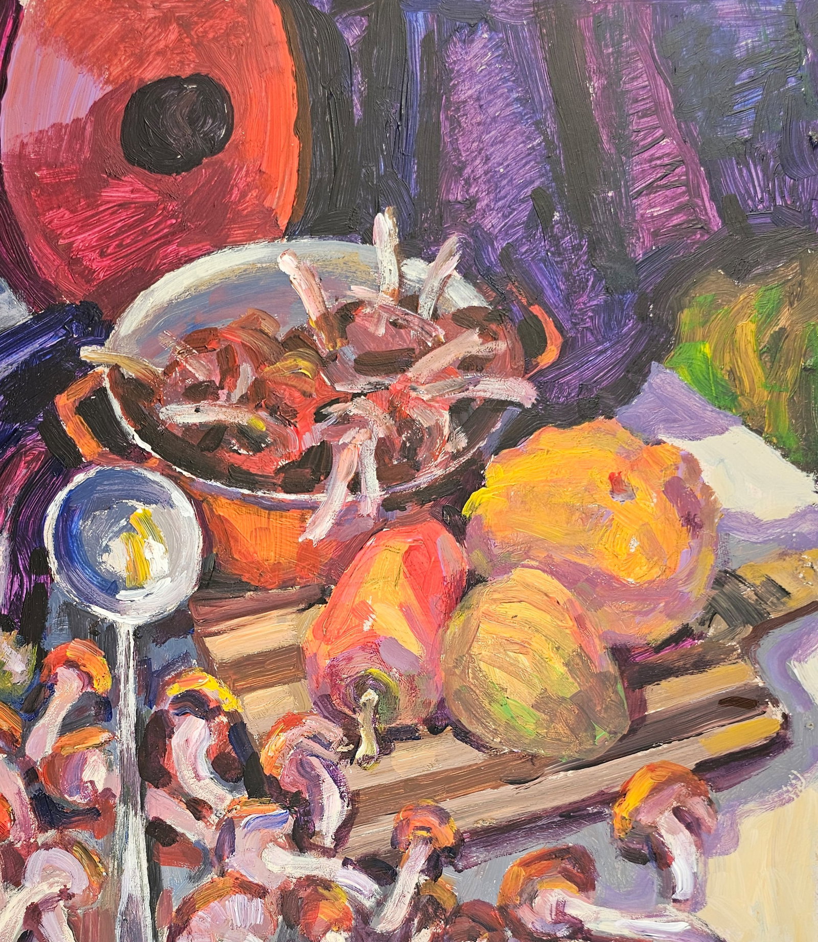 Acrylic painting red pot with mushrooms Vyacheslav Petrovich Babac - 4