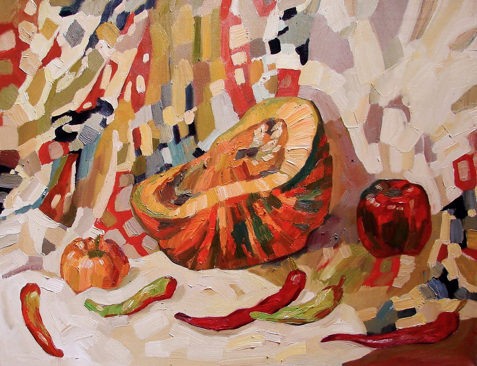 Oil painting Big pumpkin Tatyana Shulyak: Title: Oil painting Big pumpkin Tatyana Shulyak Description: 4SHUL Painter: Tatyana Shulyak Size: 55x70 cm/21.65x27.55 inches Components: oil, canvas Original painting CONDITION: excellent ARTIST: