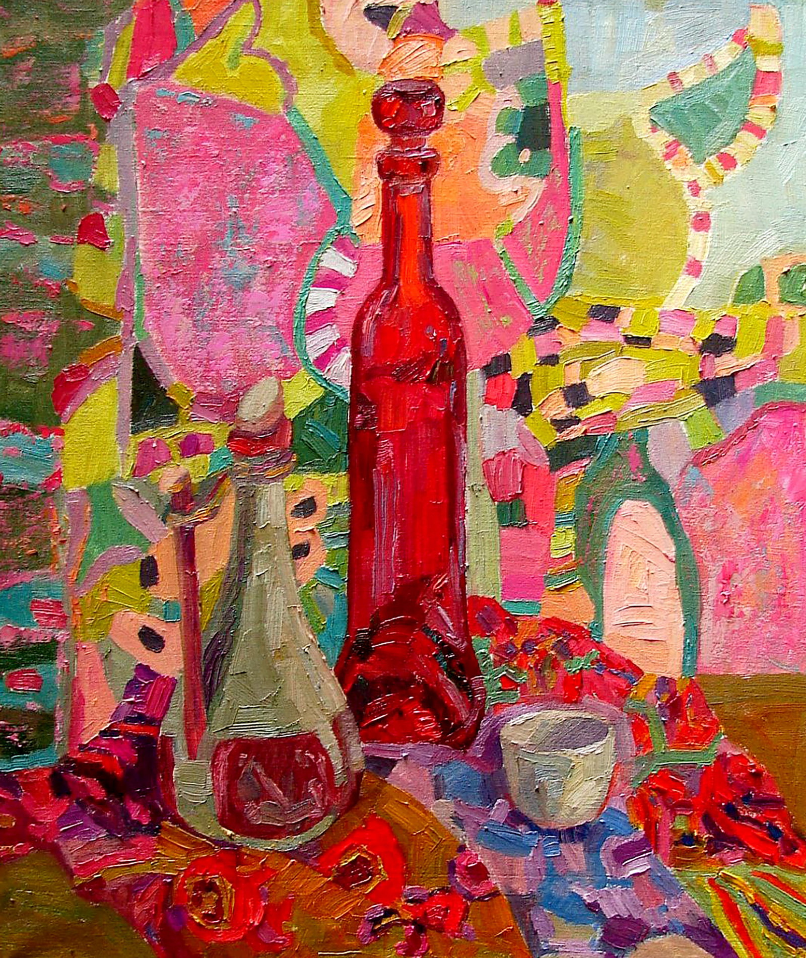 Oil painting Still life with a red bottle Tatyana Shulyak: Title: Oil painting Still life with a red bottle Tatyana Shulyak Description: 21SHUL Painter: Tatyana Shulyak Size: 60x50 cm/23.62x19.68 inches Components: oil, canvas Original painting CONDITION: