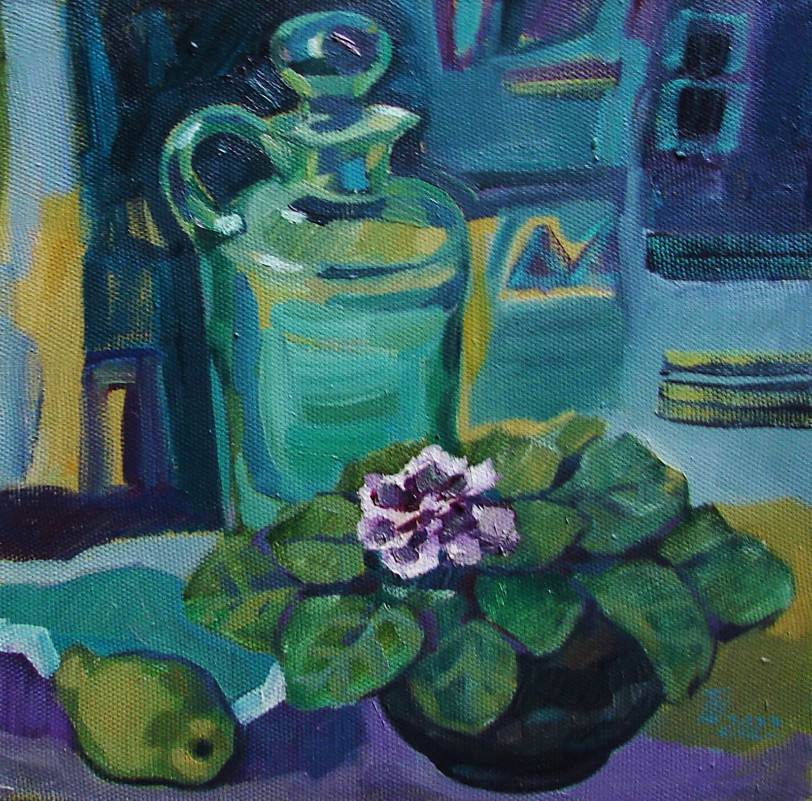 Oil painting Still life with a violet Tatyana Shulyak: Title: Oil painting Still life with a violet Tatyana Shulyak Description: 63SHUL Painter: Tatyana Shulyak Size: 30x30 cm/11.81x11.81 inches Components: oil, canvas Original painting CONDITION: