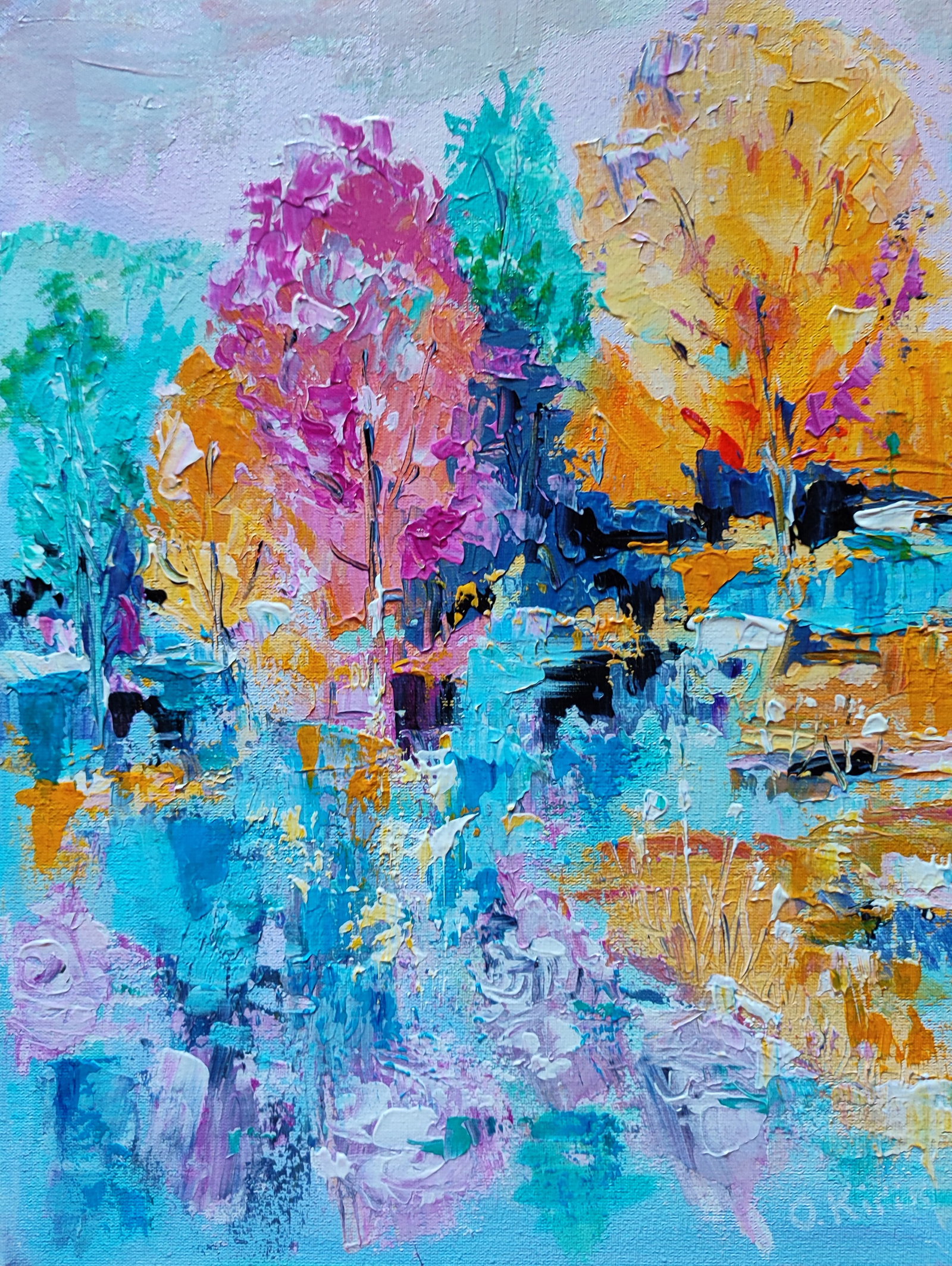 Acrylic painting Mirroring nature Olena Kirik: Title: Acrylic painting Mirroring nature Olena Kirik Description: 32KIRIK Painter: Olena Kirik Size: 40x30 cm/15.74x11.81 inches Components: acrylic, canvas Original painting CONDITION: excellent