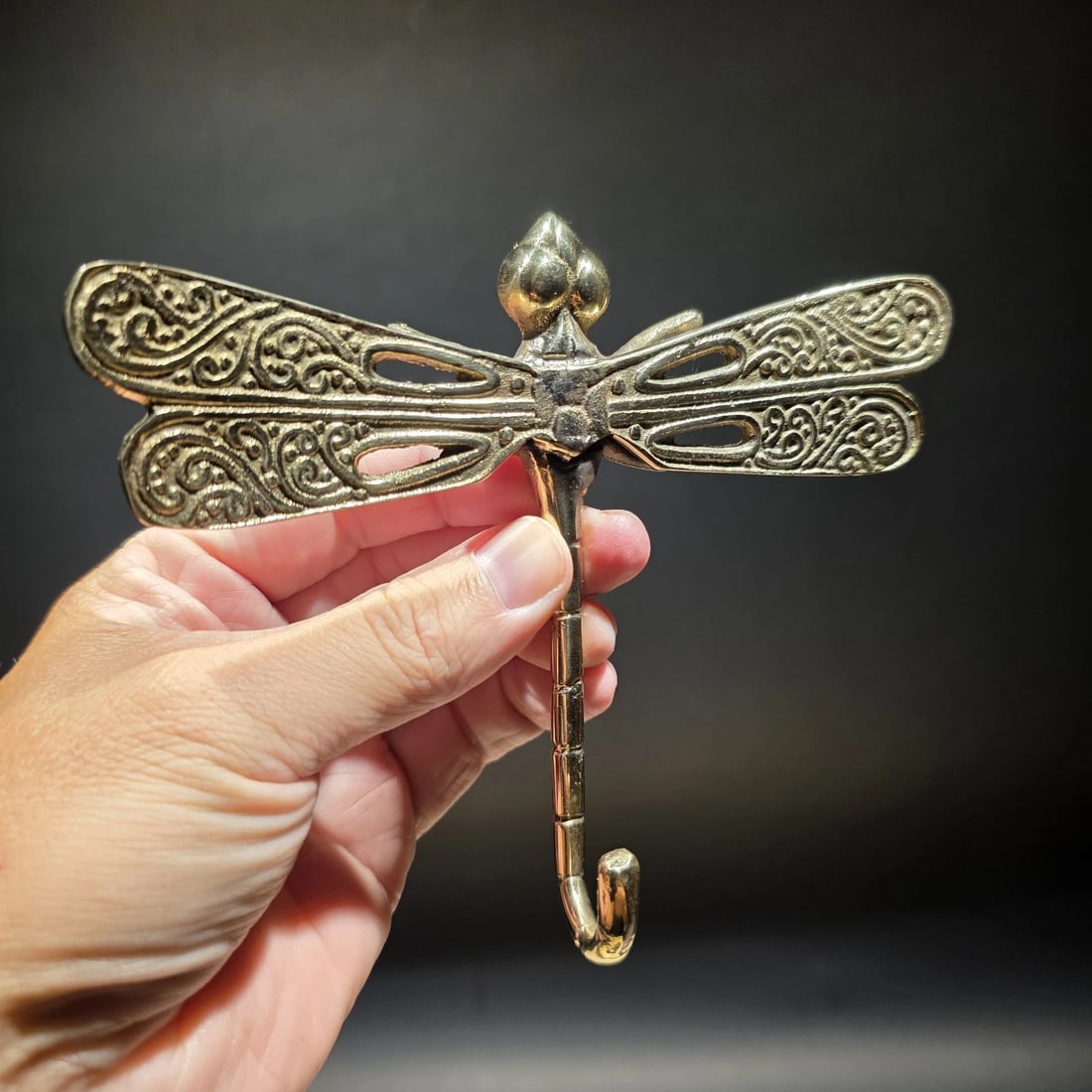 Brass Dragonfly Wall Hook Art Nouveau Style Coat Hook: Reproduction solid brass wall hook featuring an ornate dragonfly design with detailed openwork wings and decorative scrollwork. Dragonflies were a popular motif during the Art Nouveau period