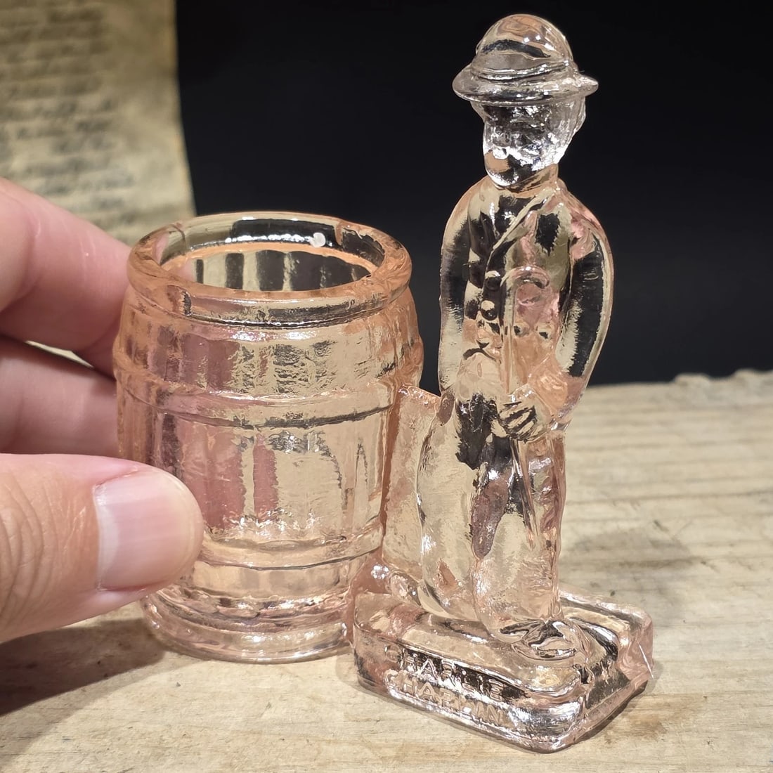 Charlie Chaplin Toothpick Holder Pink Depression Glass Tramp Figure (1 of 12)