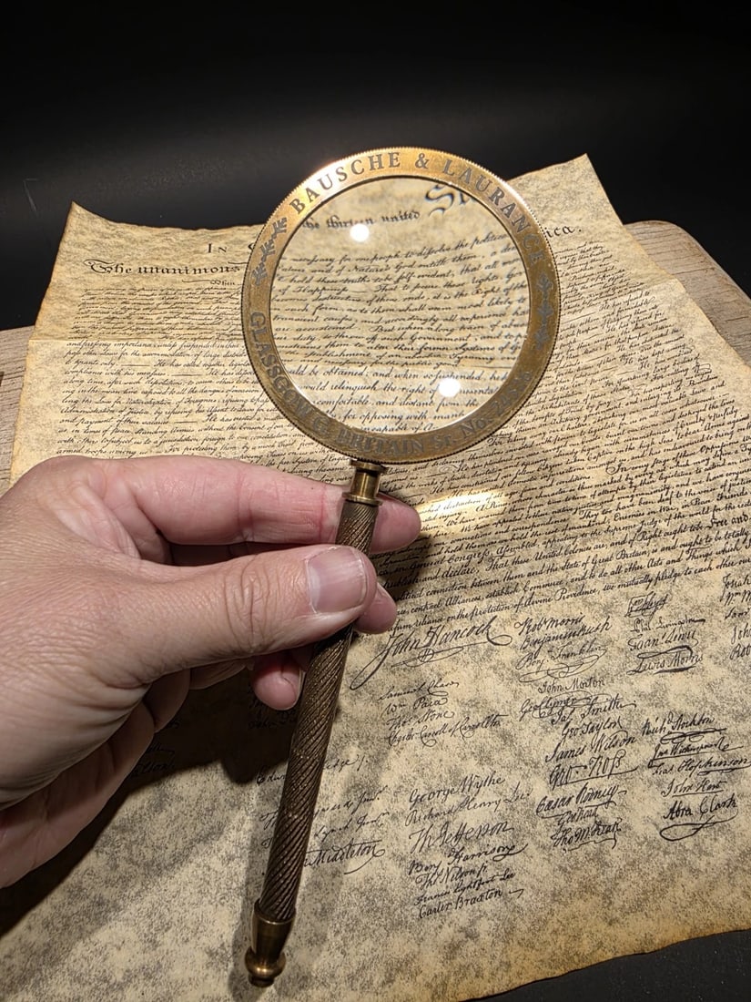 8 1/2" Classic Bausch & Laurance Brass Reading Magnifier: Bausche & Laurance- Brass Reading Magnifier (Reproduction) This brass reading magnifier bears the marking "Bausche & Laurance" and is a decorative reproduction inspired by early optical and scientific