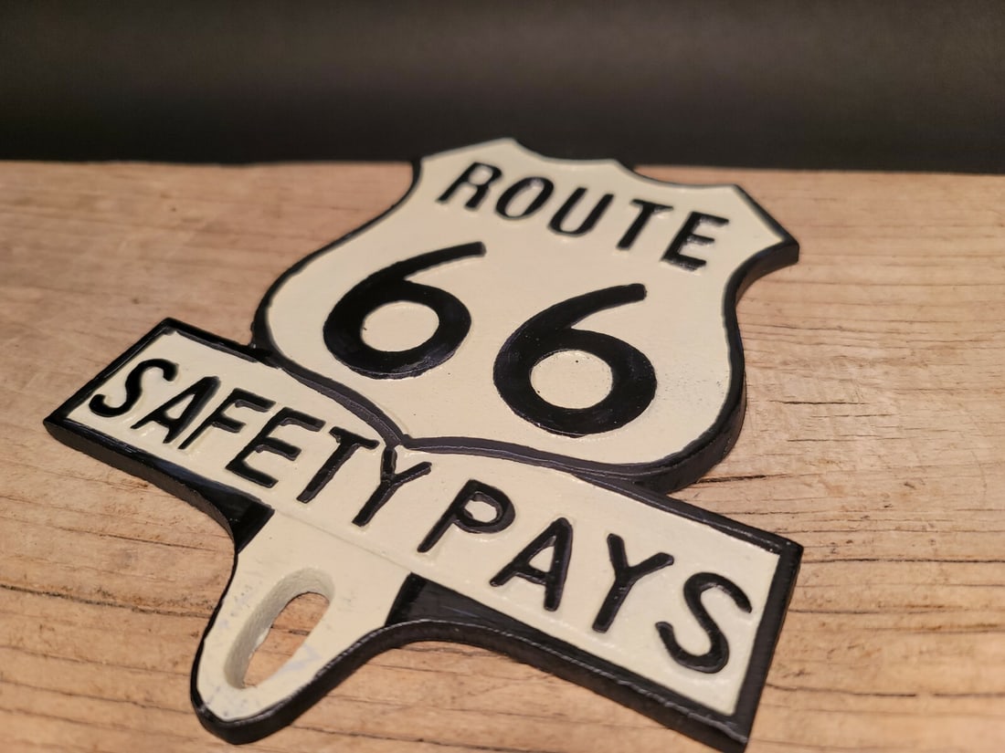Aluminum Route 66 Safety License Plate Fob Topper: Reserve: $30.00 Shipping: Domestic: Flat-rate of $7.00 to anywhere within the contiguous U.S. International: Foreign shipping rates are determined by destination. International shipping may be