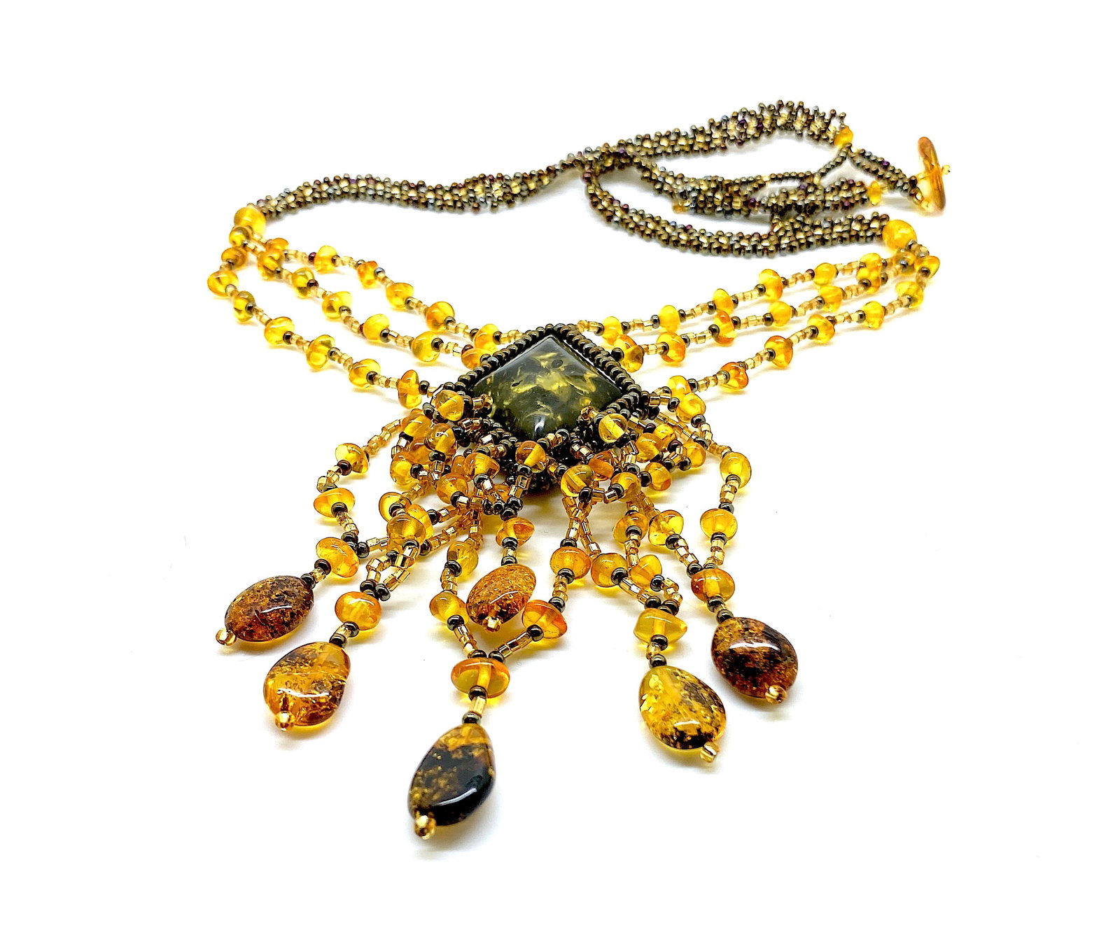 Fascinating Amber Floral Necklace made from leaf like bead ornaments - 3