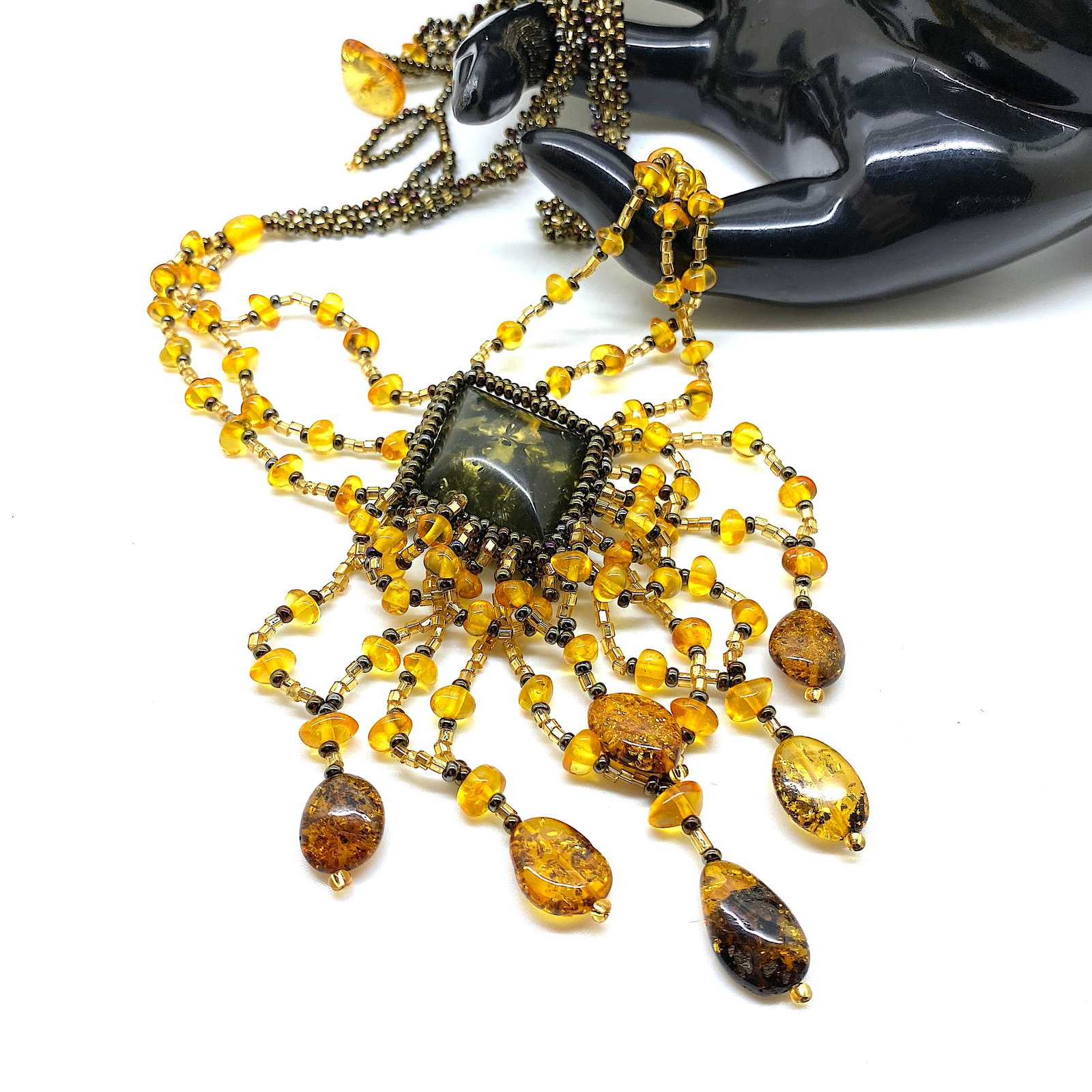 Fascinating Amber Floral Necklace made from leaf like bead ornaments - 7