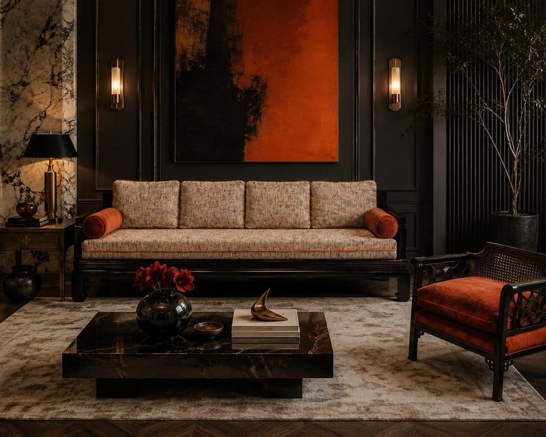 MCM Ming Sofa and Chair Set by Baker Furniture Newly Reupholstered: Mid Century Modern Ebonized Ming Sofa with Fretwork Back and Chair Set Custom Restored and Newly Reupholstered by Michael Taylor for Baker- 2 Piece Set This sofa set features a heavy solid wood frame,