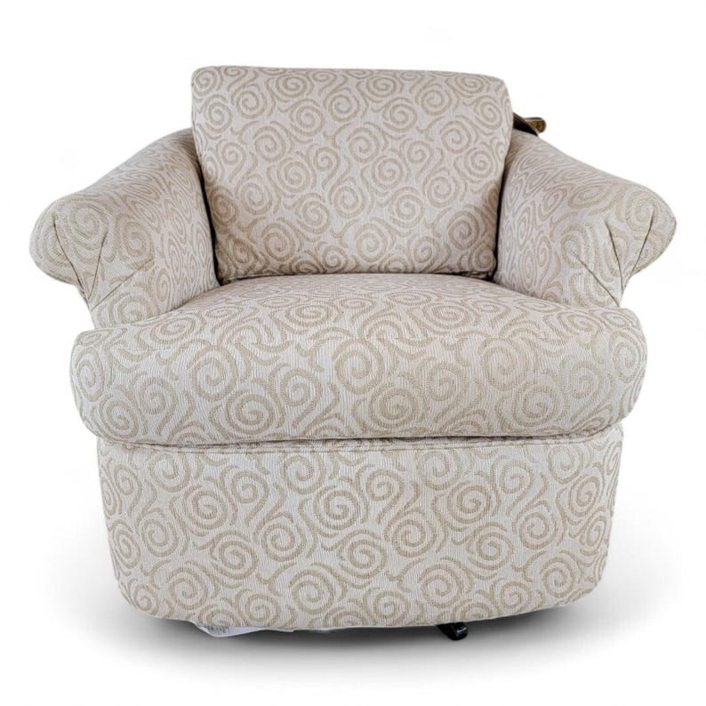Vintage Modern Scroll Arm Swivel Lounge by Sam Moore: Vintage Modern Retro Oatmeal Patterened Upholstered Scroll Arm Swivel Lounge by Sam Moore Circa 20th Century Dimensions: H 31" W 36.5" D 37" SH: 20.5"H SD 21"D AH: 26.3" CONDITION: Please be aware tha