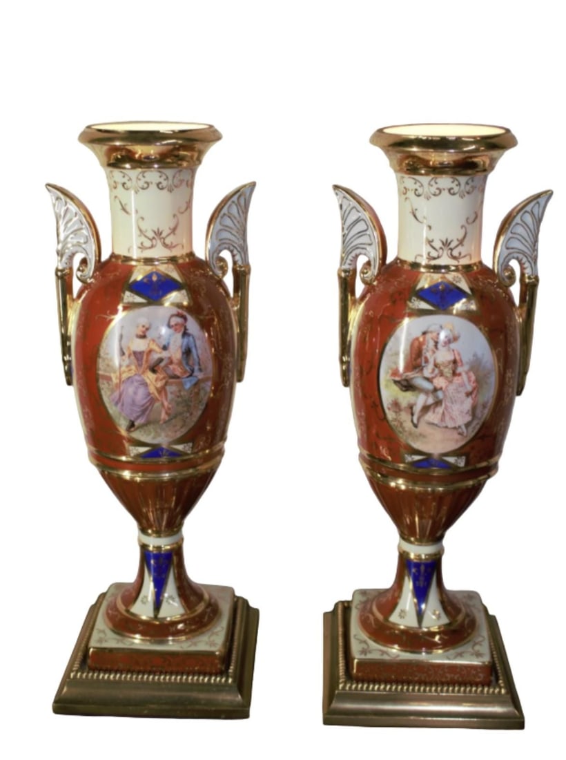 Antique French Sevres Style Hand Painted Porcelain and Brass Electrified Urns Table Lamps - Pair - 2