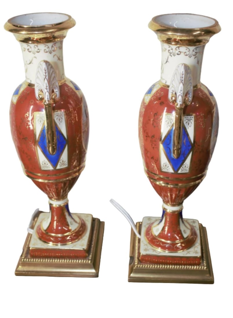 Antique French Sevres Style Hand Painted Porcelain and Brass Electrified Urns Table Lamps - Pair - 3
