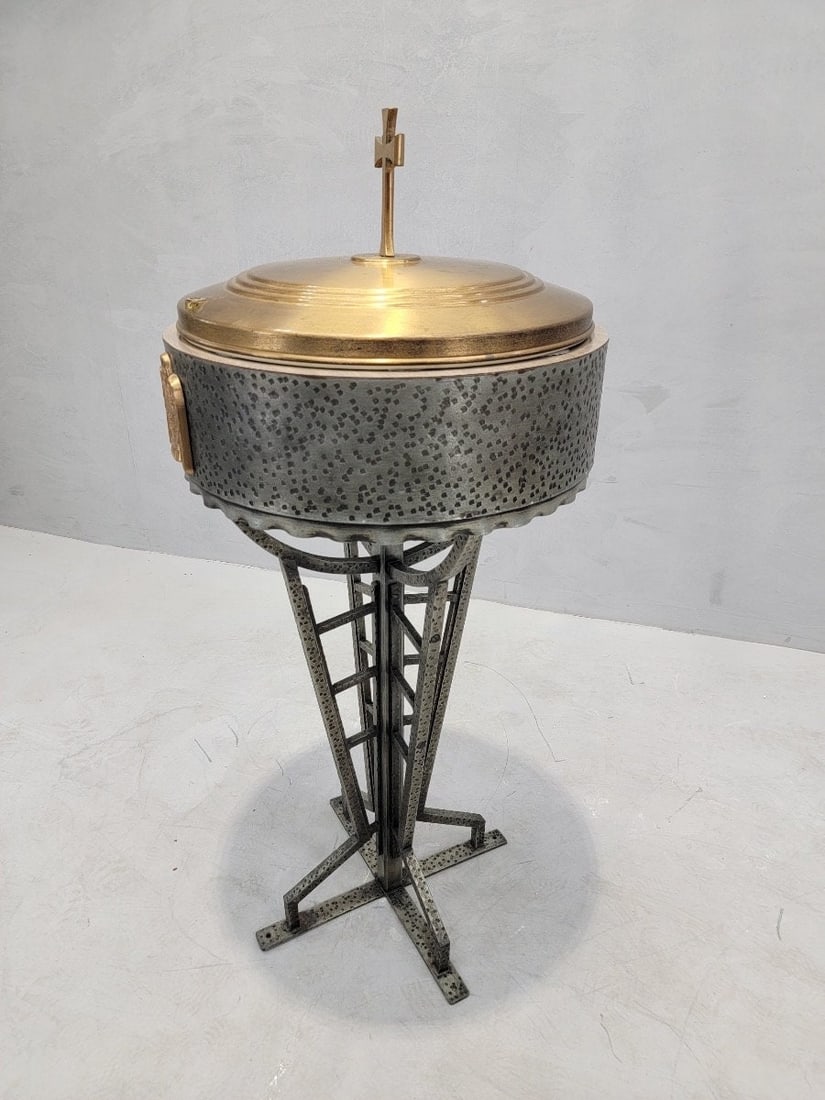Vintage Hammered Forged Iron & Brass Sliding-Top Baptismal Font - 4