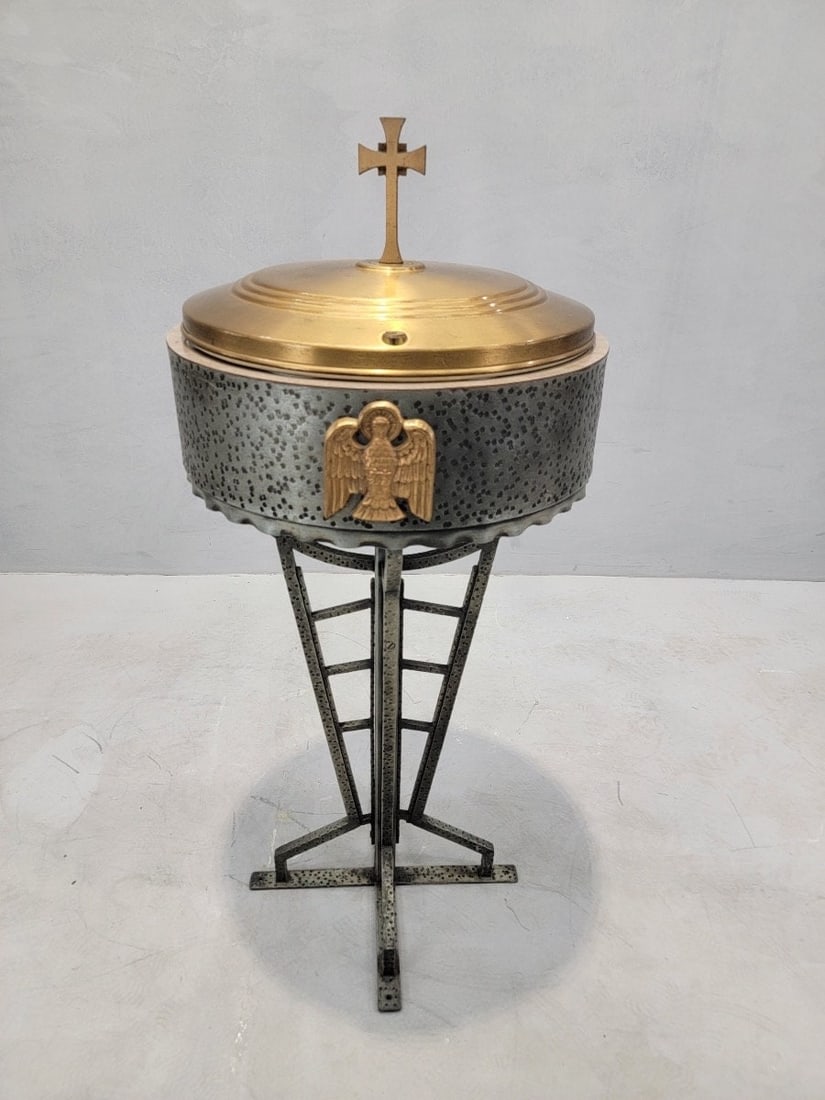 Vintage Hammered Forged Iron & Brass Sliding-Top Baptismal Font - 5