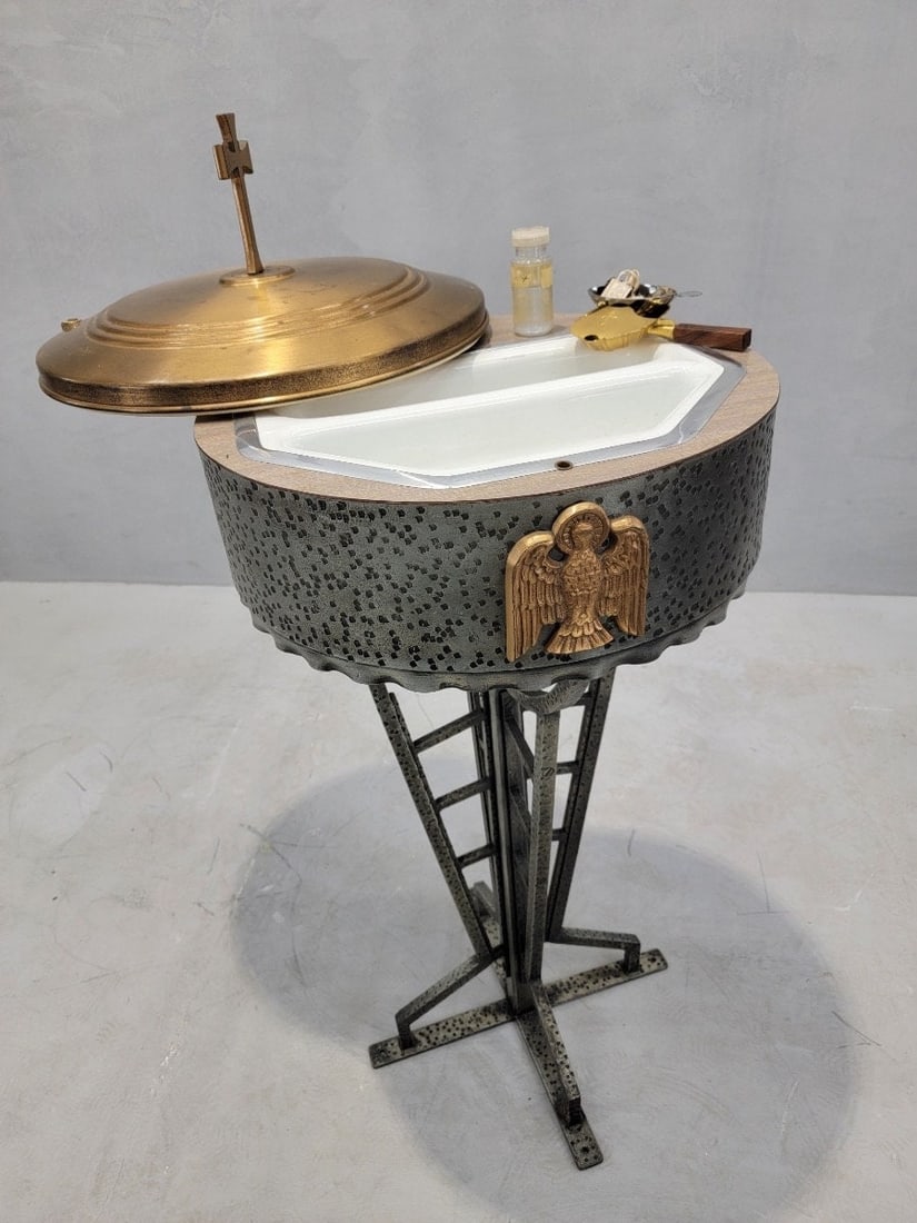 Vintage Hammered Forged Iron & Brass Sliding-Top Baptismal Font - 7