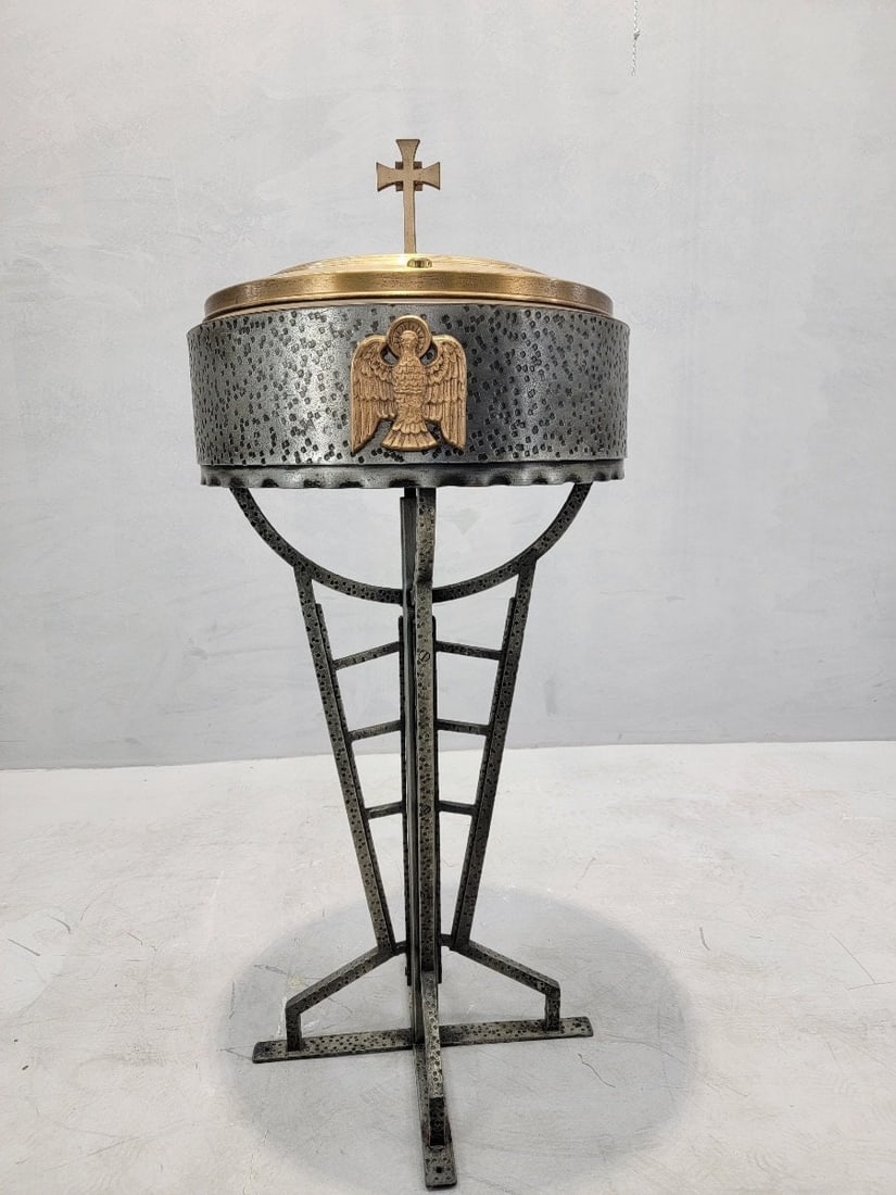 Vintage Hammered Forged Iron & Brass Sliding-Top Baptismal Font - 8
