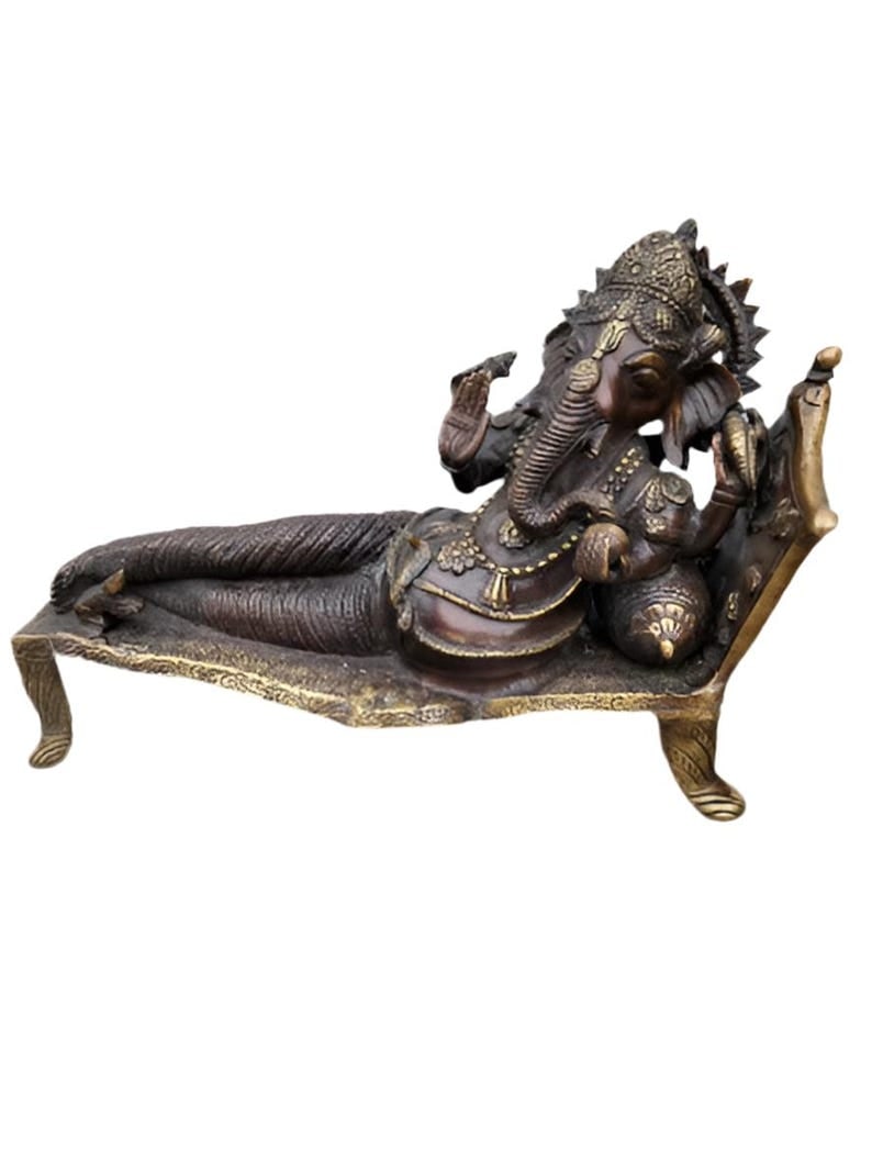 Vintage Hindu God Ganesha Statue Reclining: Vintage Hindu God Ganesha Statue Reclining A beautiful vintage Hindu Indian Imported bronze Ganesha sculpture, posed in a relaxed posture and beautifully detailed along a full brass Mooshak. Lord Gane