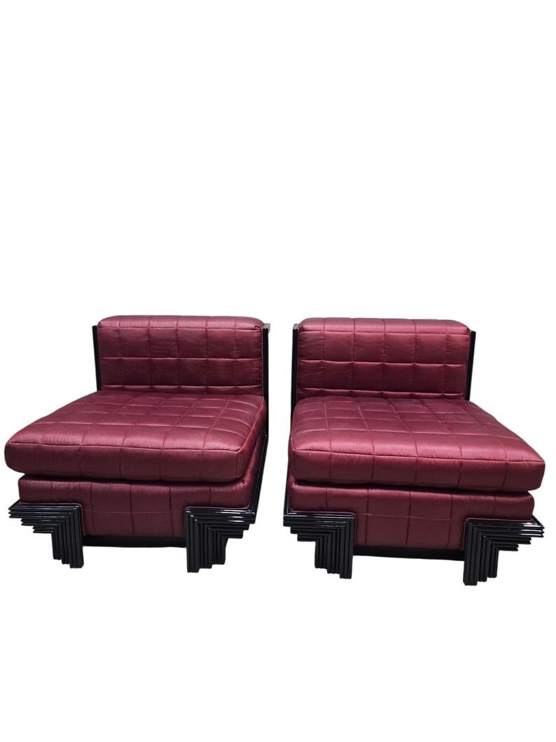 Postmodern Lounge Chairs with Stepped Black Lacquer Bases by Interior Crafts: Postmodern Lounge Chairs with Stepped Black Lacquer Bases by Interior Crafts Pair of vintage Postmodern lounge chairs by Interior Crafts Inc., Chicago, dating to the 1980s. These armless modular