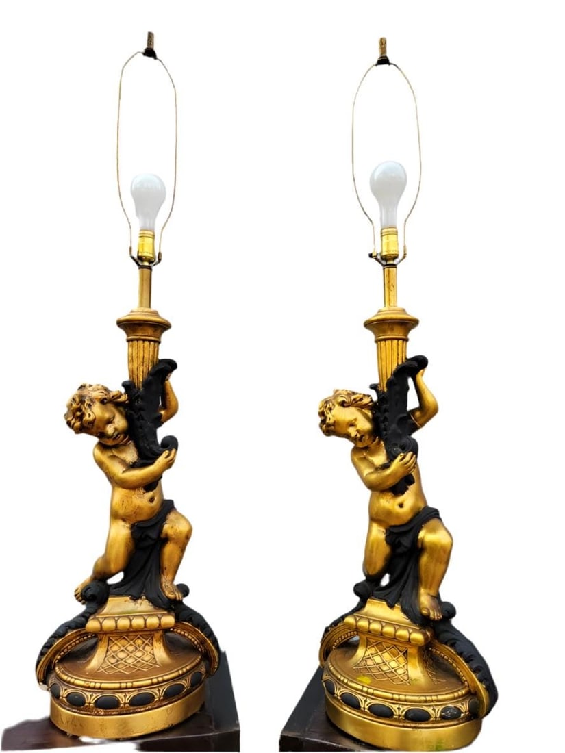 Vintage Italian Putti Gilt Table Lamps - Pair - 2