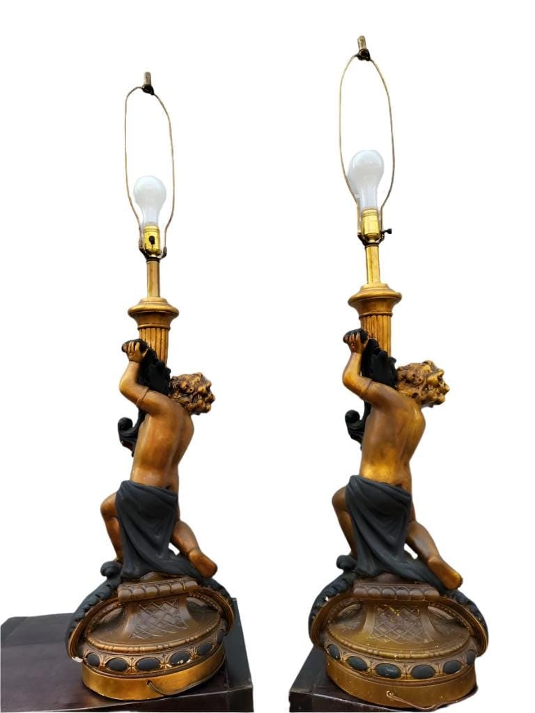 Vintage Italian Putti Gilt Table Lamps - Pair - 4