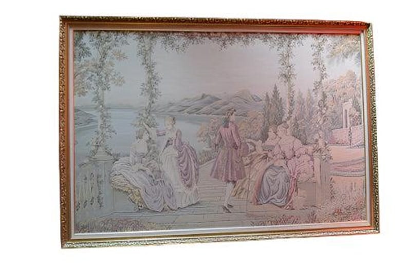 Antique Framed Italian Tapestry Ladies at Lake Como: Antique Framed Italian Tapestry Ladies at Lake Como This finest quality Italian tapestry shows a Late 18th Century scene at Lake Como in northern Italy. The Ladies gather on another scene taken from