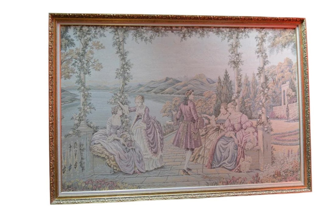 Antique Framed Italian Tapestry Ladies at Lake Como - 3