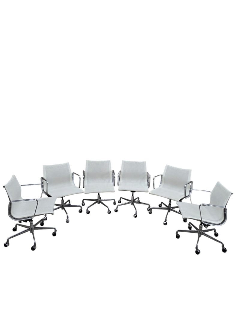MCM Herman Miller Eames Low Back White Mesh Office Chairs - Set of 6: Mid-Century Modern Herman Miller Eames Low Back White Mesh Office Chairs - Set of 6 Set of six mid-century modern Eames low back management chairs from the iconic Aluminum Group collection by Charles 
