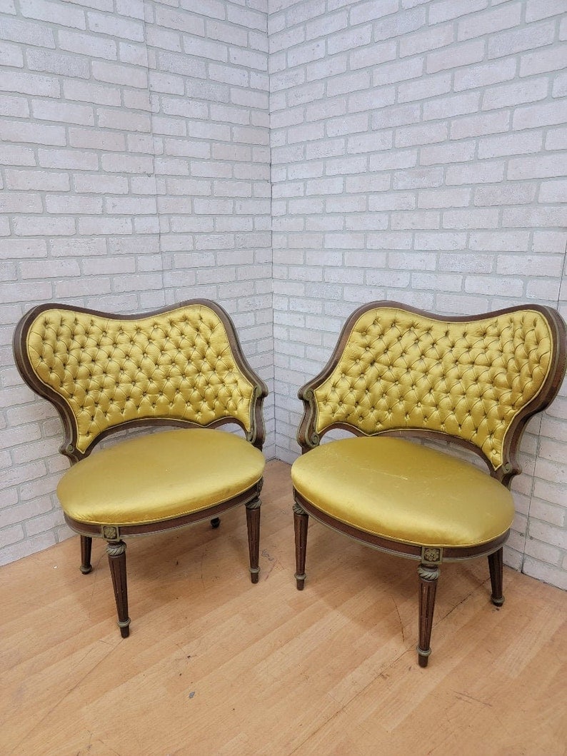 Hollywood Regency Grosfeld House Asymmetrical Tufted Boudoir Chairs - Pair: Hollywood Regency Grosfeld House Asymmetrical Tufted Boudoir Chairs in Golden-Mustard Colored Silk - Pair Featuring a Pair of Grosfeld House Hollywood Regency Style Mirror Image Asymmetrical Tufted Ba