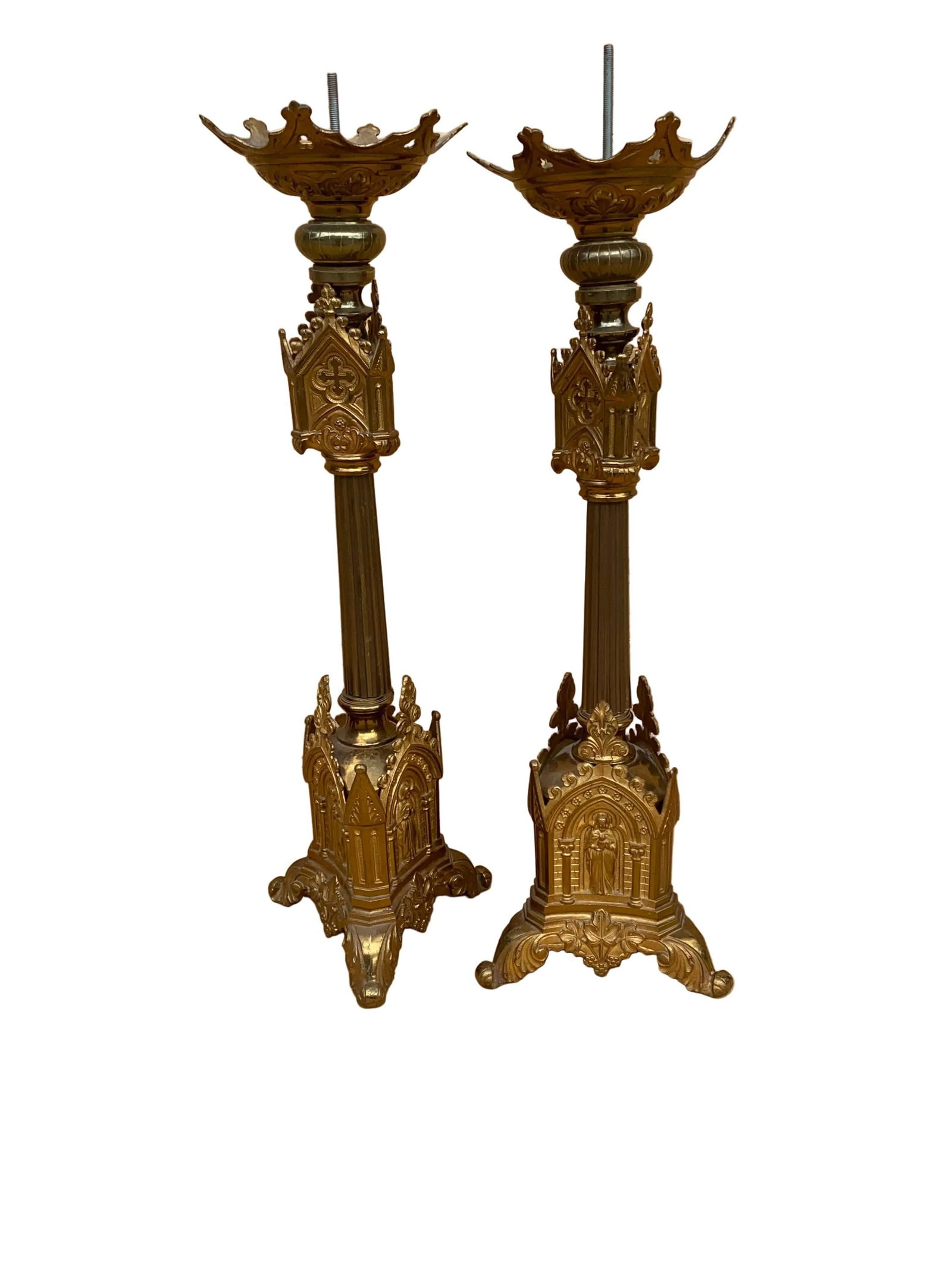 Antique French Neogothic Altar Torchere Candlestick Set w/ Jesus & Cross - 3