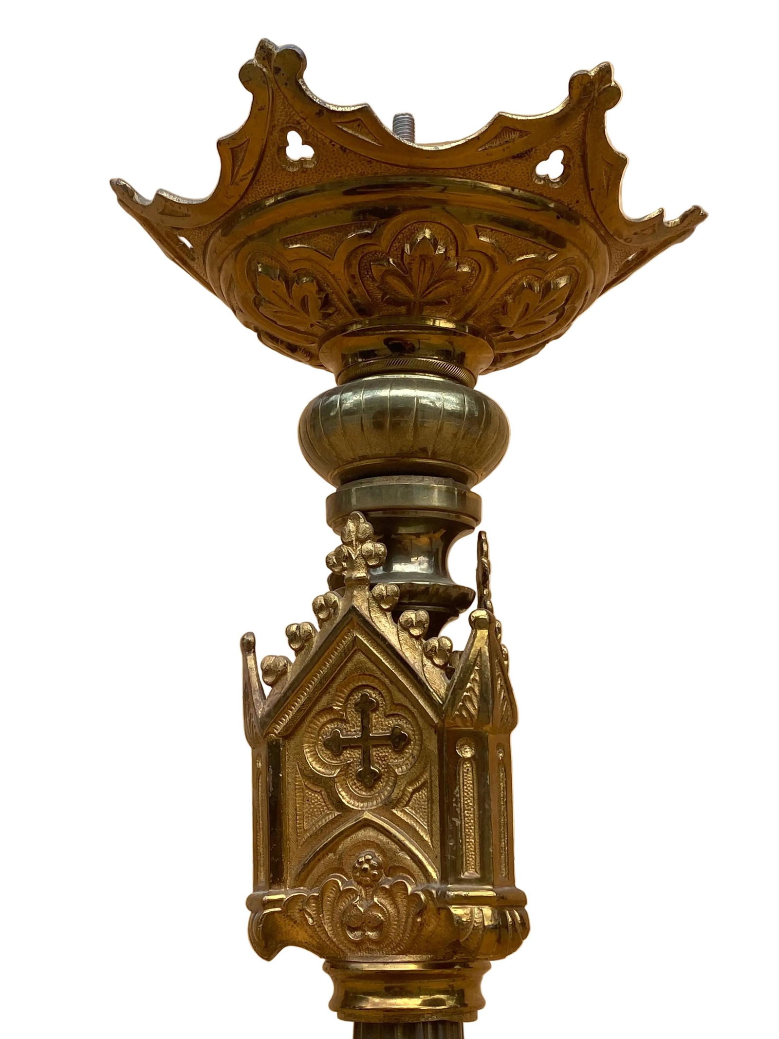 Antique French Neogothic Altar Torchere Candlestick Set w/ Jesus & Cross - 6
