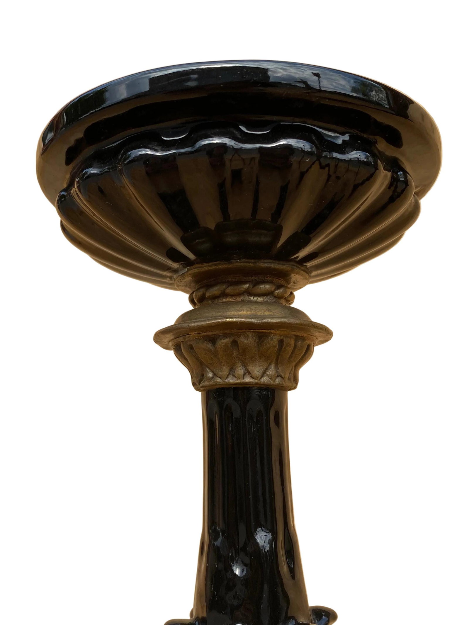 Vintage French Neogothic Altar Torchere Black Porcelain Candlestick Set - 3