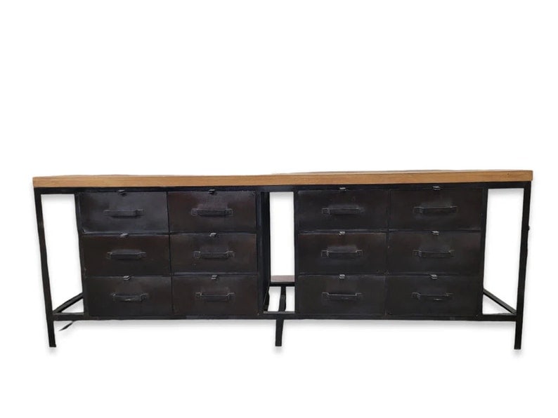 Vintage Industrial Forged Metal Sideboard: Vintage Industrial Forged Metal with Mango Wood Top 12-Metal Drawer SideboardVintage Industrial Forged Black Metal with Mango Wood Block Top and 12-Metal Storage Drawer Industrial Sideboard.Circa 20th