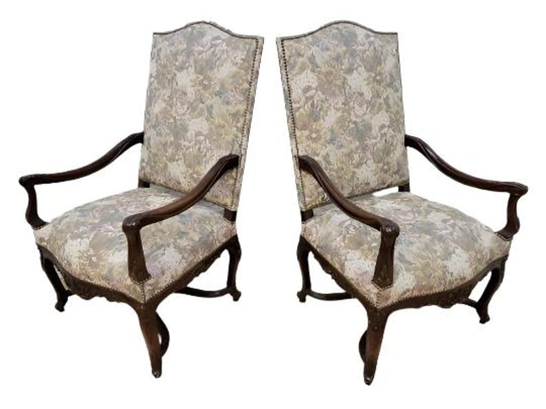 Vintage French Provincial Style Armchairs By Drexel Heritage - Pair: Vintage Drexel Heritage French Provincial Louis XV Style Armchairs - Pair A pair of Drexel Heritage French Louis XV style armchairs feature high backs and tapestry upholstery, walnut wood construction