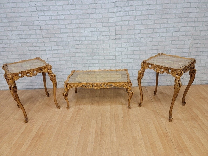 Antique Italian Rococo Cherub Table Set - Carved Marquetry, 3-Piece (1 of 8)