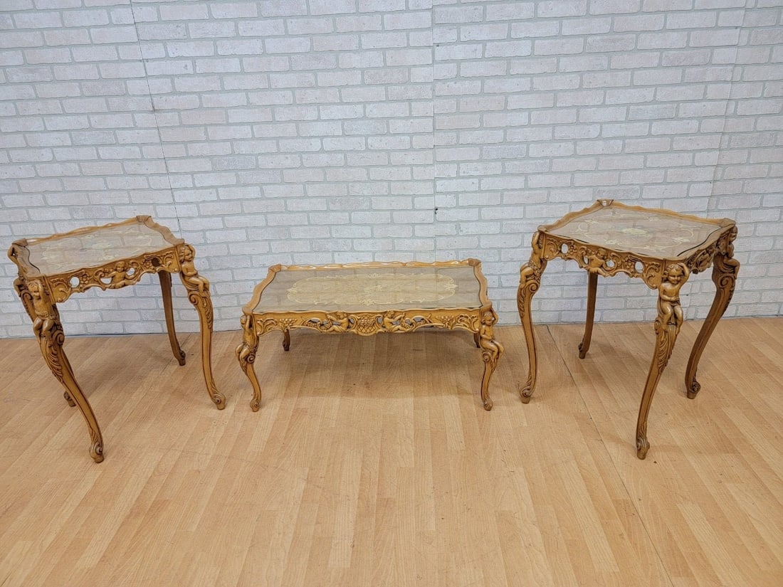 Antique Italian Rococo Cherub Table Set - Carved Marquetry, 3-Piece - 2