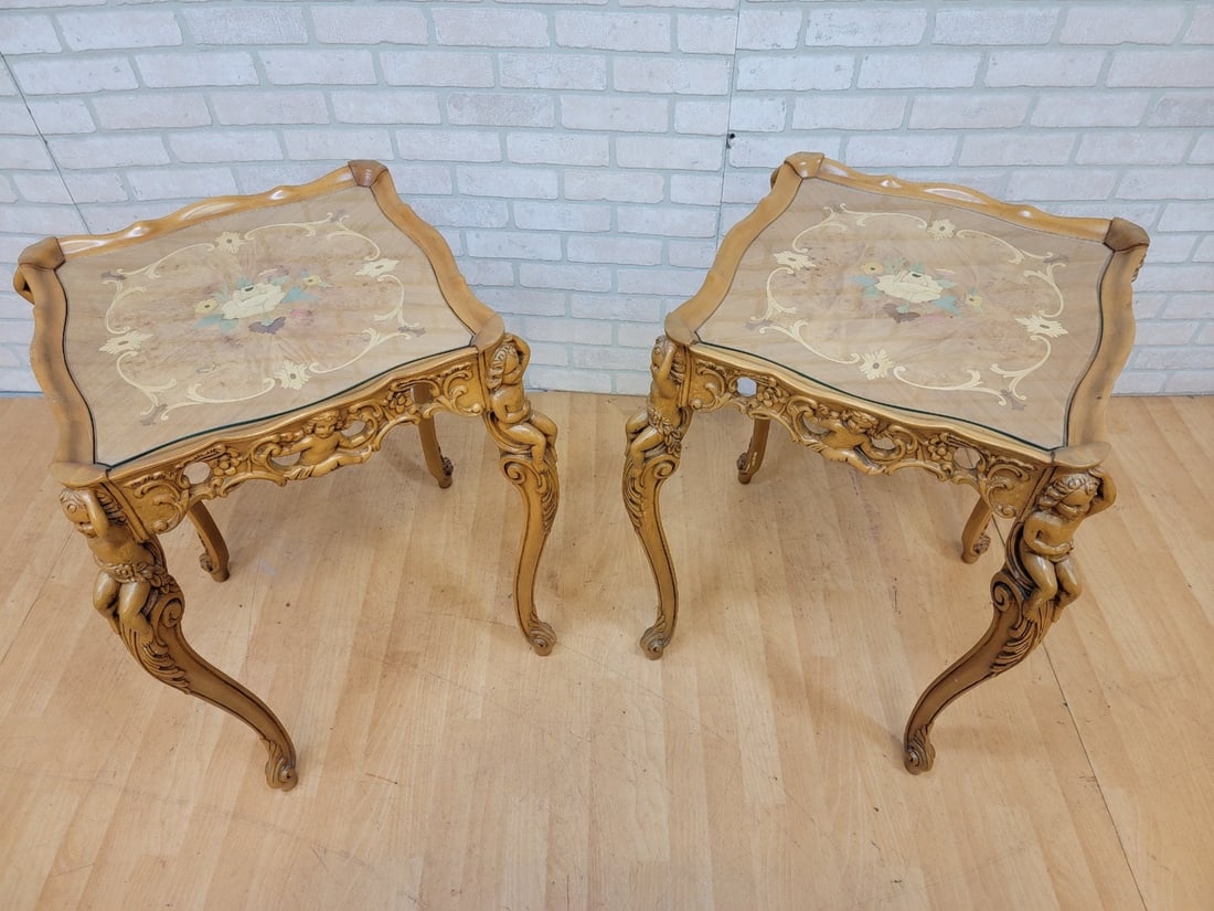 Antique Italian Rococo Cherub Table Set - Carved Marquetry, 3-Piece - 4